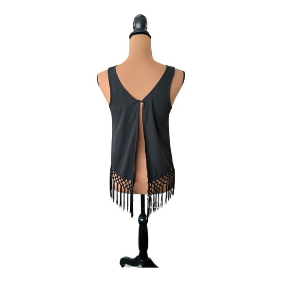 Monteau Black Sleeveless Blouse with open back & fringe Size XS   #B39 - Picture 3 of 5